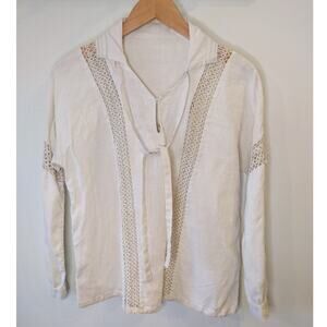 Cream Linen Blend Tie Front Peasant Blouse XS/XXS Crochet Trim Boho Cottagecore